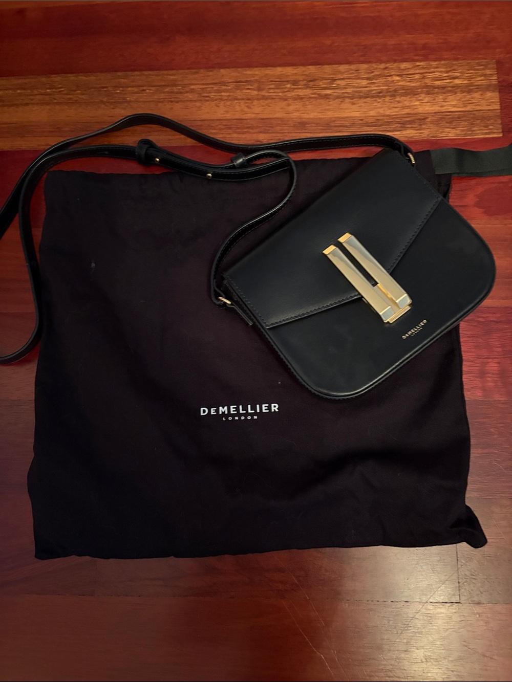 DeMellier Black Leather Crossbody with Gold Hardware Clasp